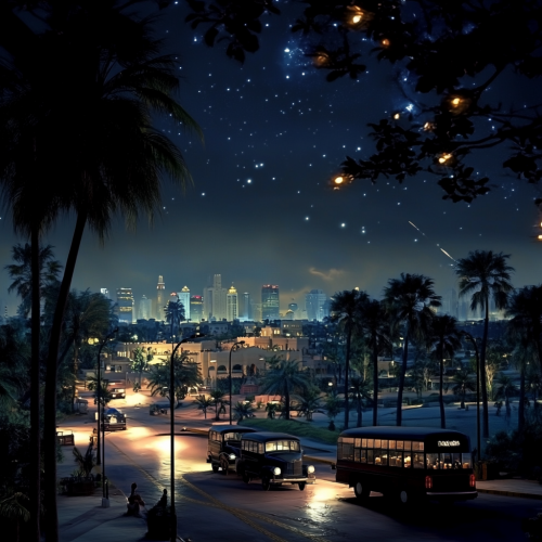 Imaginative, realistic 1970s Abu Dhabi city at night