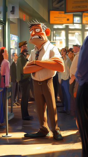 Impatient person anxiously waits in crowded, comical scene.