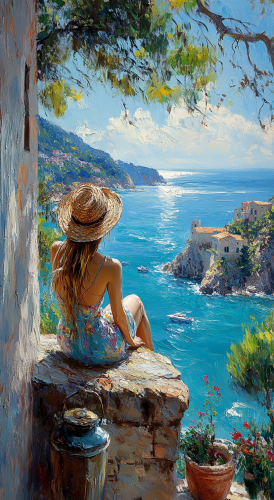 Impressionist Woman in Summer Dress at Eze, France