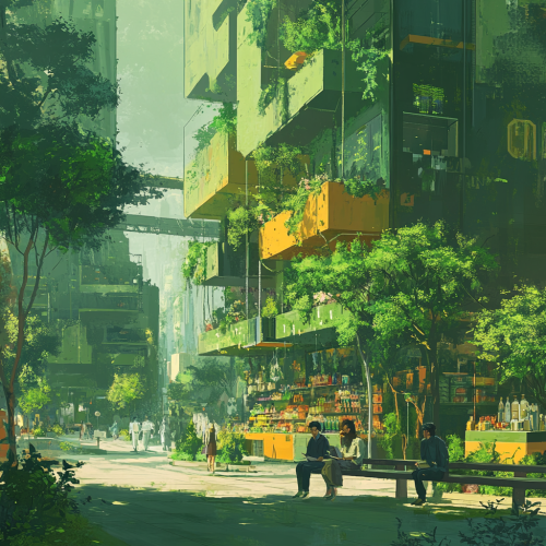 In Future City, People Gather in Green Urban Setting