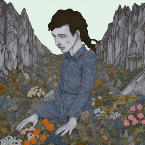 In a beautiful surreal landscape, a gay man enjoys beauty and fantasy.