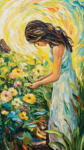 In a lush garden, a woman plants flowers.
