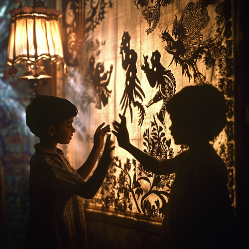 Indian children joyfully play with shadow puppets