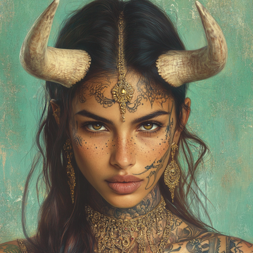 Indian woman, golden eyes, horns and face tattoos