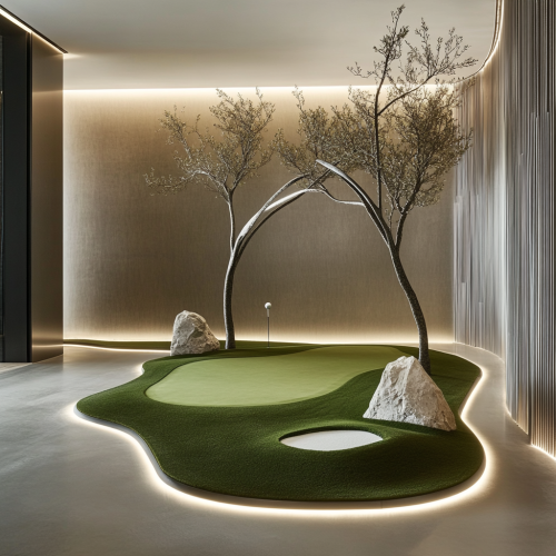 Indoor putting green with sleek, modern sculptures
