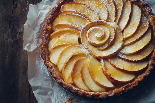 Indulgent apple tart with sliced apples and sugar swirls