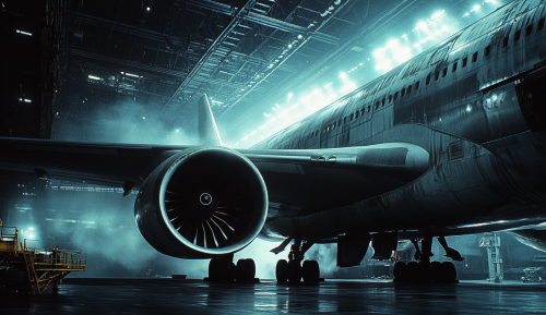 Industrial airplane turbine engine testing in cavernous hangar. Industrial airplane turbine engine testing in cavernous hangar.