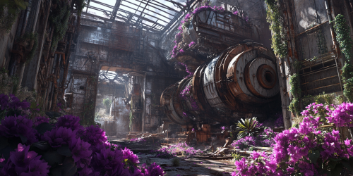 Industrial building with old equipment, flowers casting shadows.