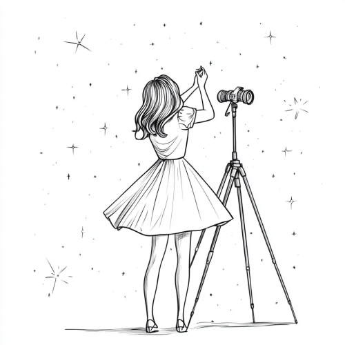 Line Drawing of Influencer dancing in front of tripod with stars