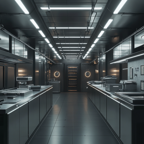 Inside a hotel staff area with industrial equipment