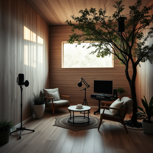 Inside a modern podcast studio in a tree.