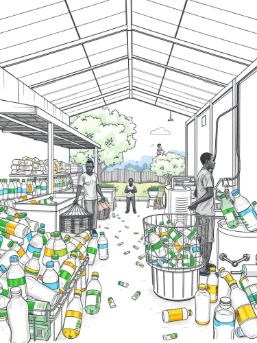 Inside a recycling center with kids playing outside.