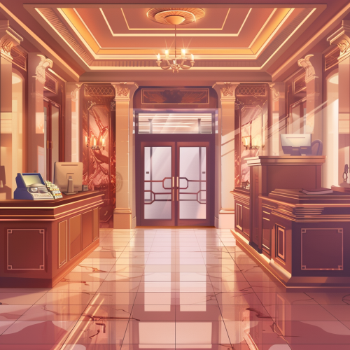 Inside the bank behind the counter in 90s cartoon style