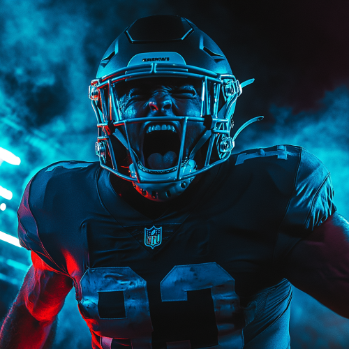 Intense football player in neon lights with fog. Intense football player in neon lights with fog.