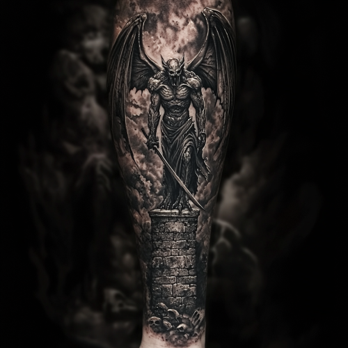 Intense tattoo design with gargoyle and Angel of Death.