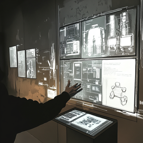 Interactive AI exhibit display with history sketch