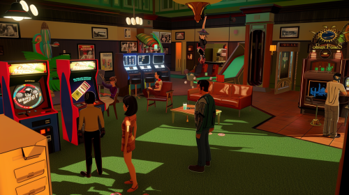 Interior of golf-themed fun clubhouse with avatars socializing.