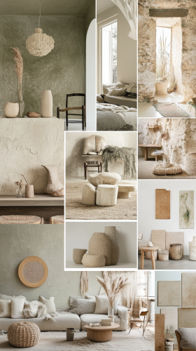 Interiors and decor moodboard with warm tones, boho style. Interiors and decor moodboard with warm tones, boho style.