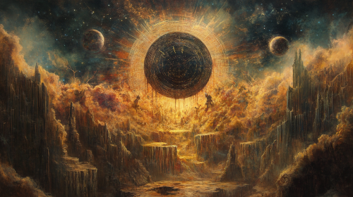 Intricate fresco depicting genesis of gods with surreal imagery.