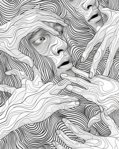 Intriguing black and white intertwined human forms