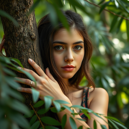 Iranian Woman Beside a Tree in Jungle