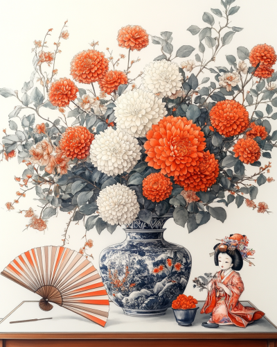 Japanese Flowers in Ikebana Style Tray with Geisha