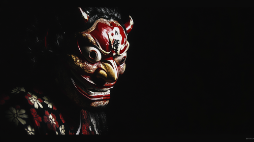 Japanese Hannya mask in center on black background