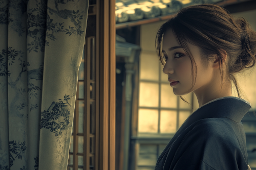 Japanese Landlady in Kimono Smiling by Building