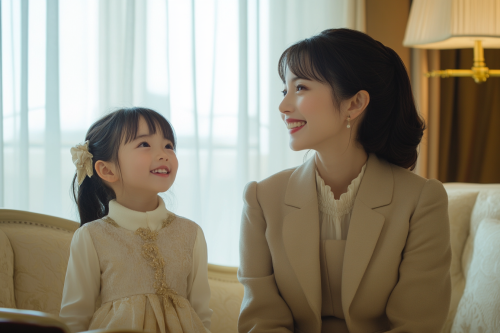 Japanese Mother and Daughter in Elegant Living Room