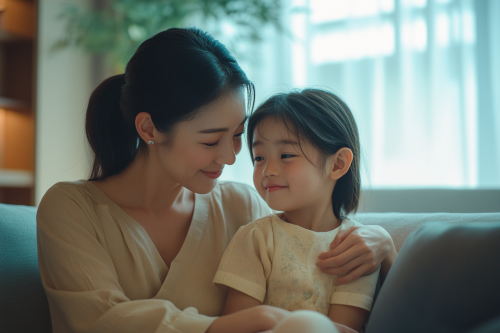 Japanese Mother and Daughter in Modern Home