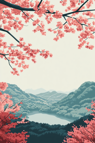 Japanese Sakura Bloom Landscape in Hiroshi Nagai Style