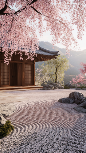 Japanese Temple Garden with Weeping Cherry Blossom Tree