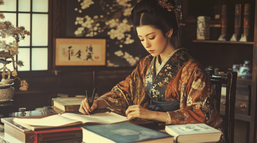 Japanese Woman Writing Story in Luxurious 19th Century Study