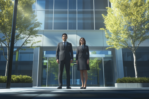 Japanese businessman and woman in front of office