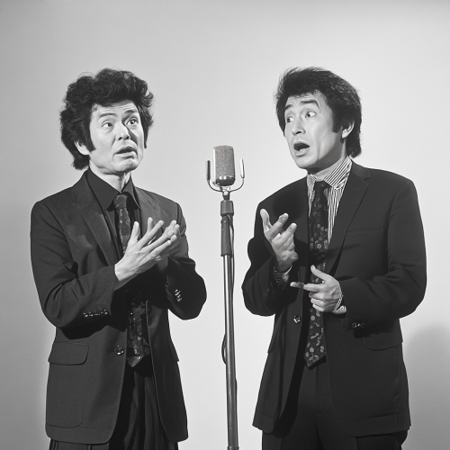 Japanese comedy duo perform on stage passionately pleading