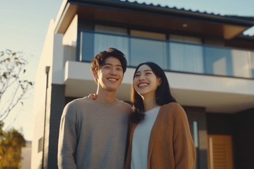 Japanese couple in front of newly built house