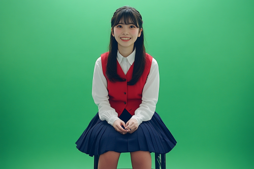Japanese female, early twenties, smiling, red vest outfit, sitting