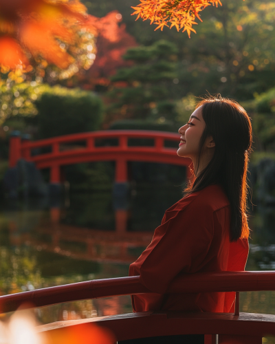 Japanese girl smiling in autumn garden with red bridge.