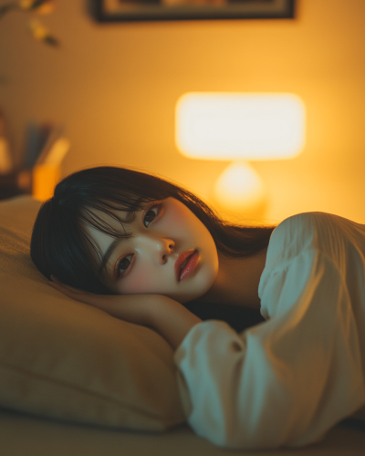 Japanese girl with clavicular-length hair lounging on beige sofa. Japanese girl with clavicular-length hair lounging on beige sofa.