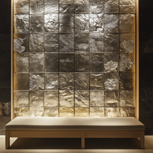 Japanese inspired wall decor with silver gilding, linen textile.