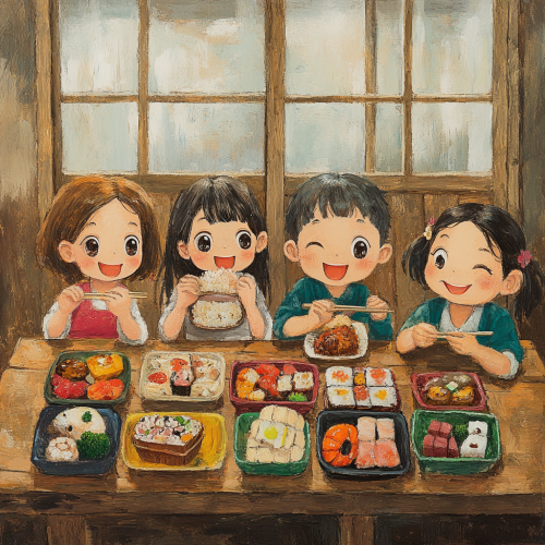 Japanese kids happily eating bento