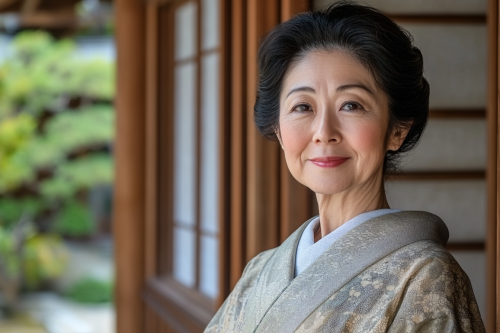 Japanese landlady in kimono smiling in front building