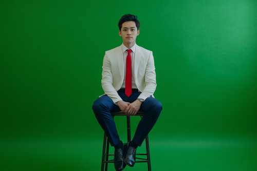 Japanese man in 20s, confident in stylish outfit, sitting.