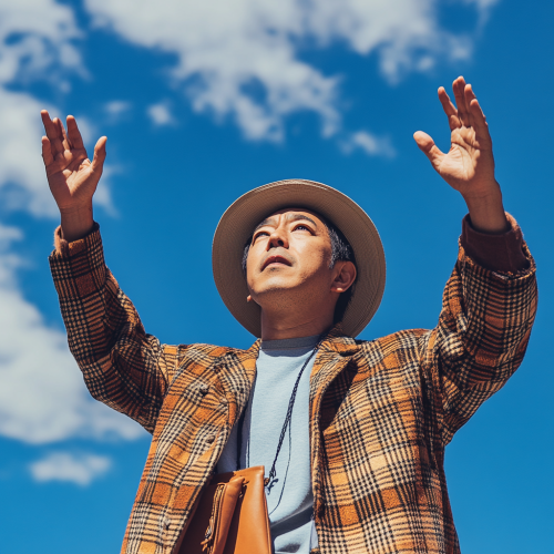 Japanese man in brown hat holding bag under sky