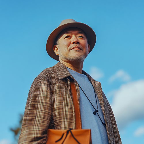 Japanese man in brown outfit poses under blue sky