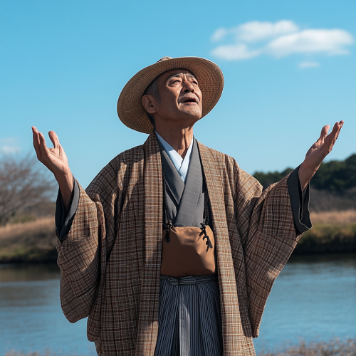 Japanese man in brown outfit walking by riverbank