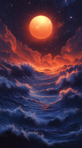 Japanese-style Ocean Waves under Moonlit Sky