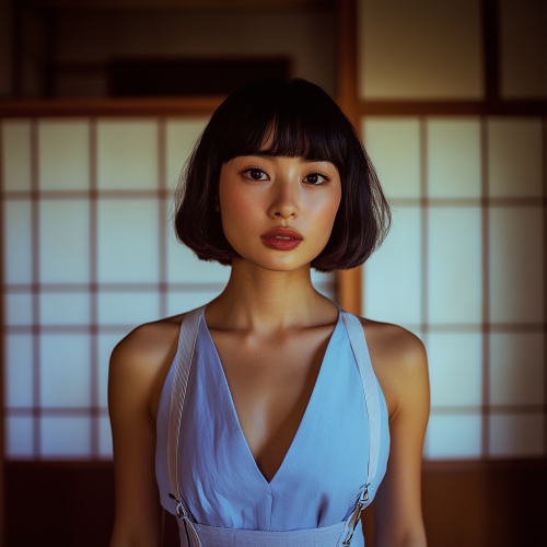 Japanese woman in blue dress poses in mansion