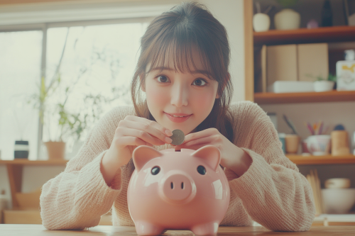 Japanese woman saving money in piggy bank