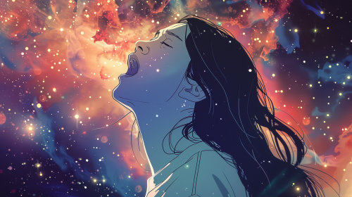 Japanese woman shouting to heavens, with long black hair.